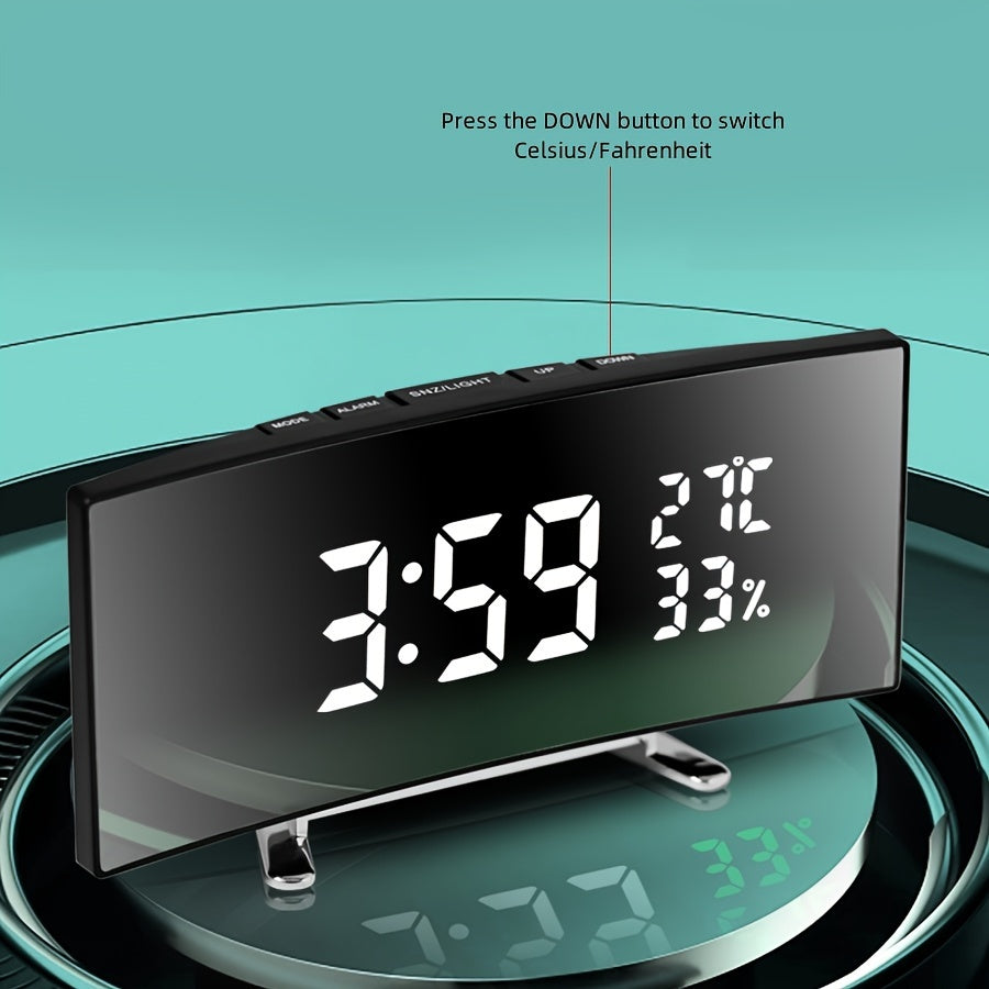 Black LED Curved Alarm Clock with Temperature Humidity Display and USB Battery Power