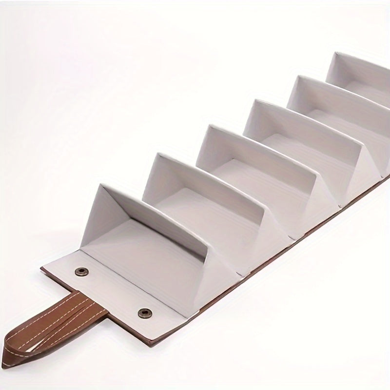 1 dona portativ egiluvchan ko'zoynak qutisi bilan uslubda sayohat qiling. Ushbu sun'iy charm tashkilotchisi quyosh ko'zoynaklaringizni saqlash uchun 5 ta joyga ega va qo'shimcha xavfsizlik uchun qulay tugmachali yopilishi mavjud.