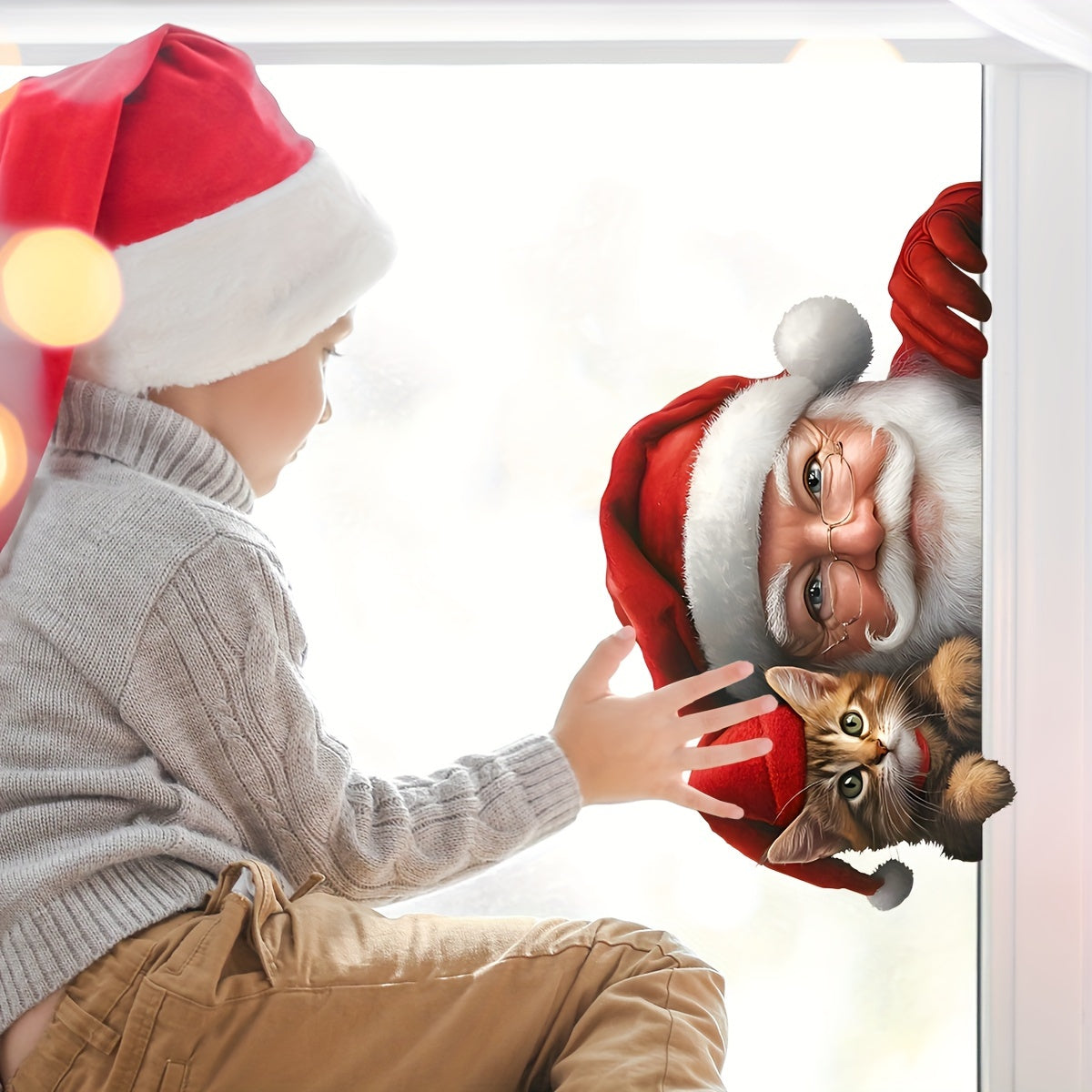 Double-Sided Christmas Santa and Kitten Window Cling Reusable PVC Decal