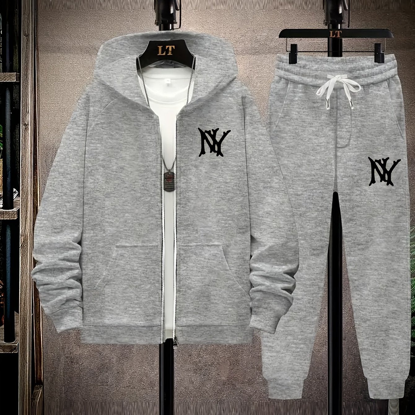 Plus Size Hooded Jacket Set with NY Letter Prints, Fleece Pants for Fall Winter