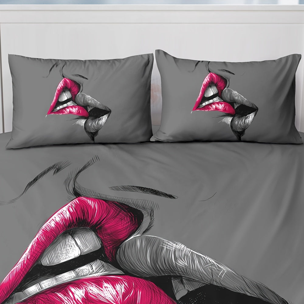 Couple Bedding Set with Crimson Lips Kissing Sketch Duvet Cover and Pillowcases