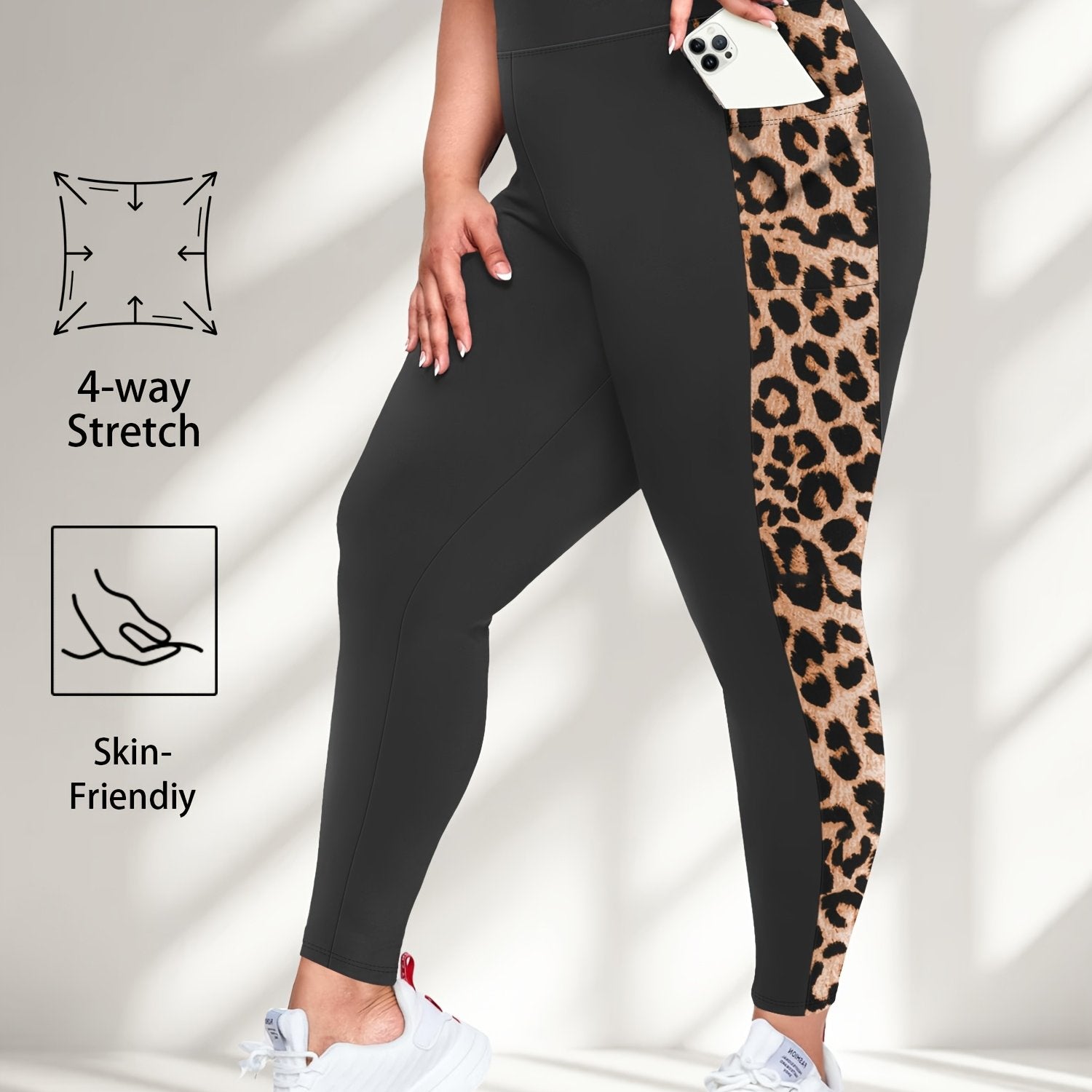 Leggings de mujer de talla grande con cintura alta y estampado de leopardo con bolsillos azul negro