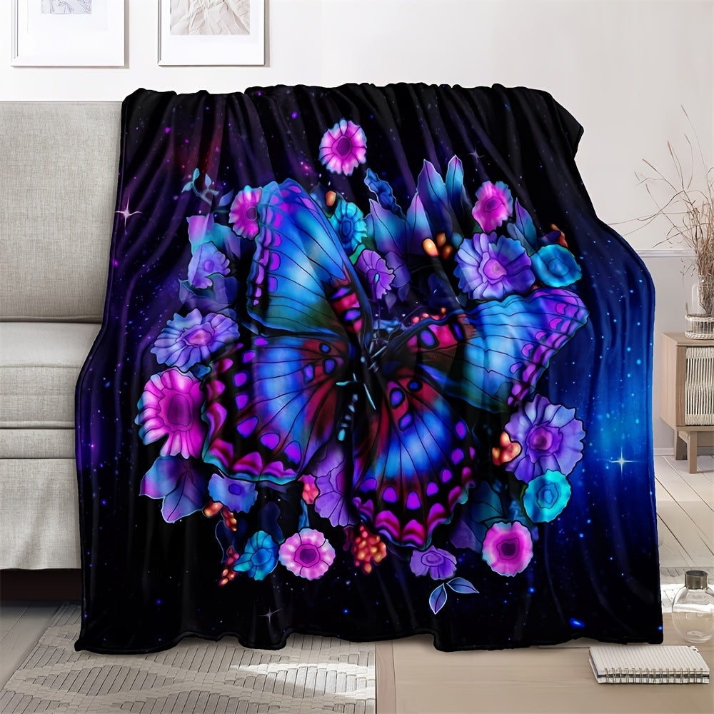 Purple Floral Butterfly Fleece Throw Blanket Lightweight Cozy for Sofa Bed Travel