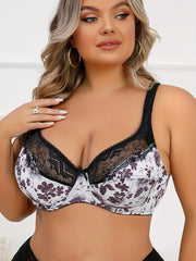 Plus Size Lace Bra Underwire Floral Print Bow Detail Stretch Fabric Women No Padding