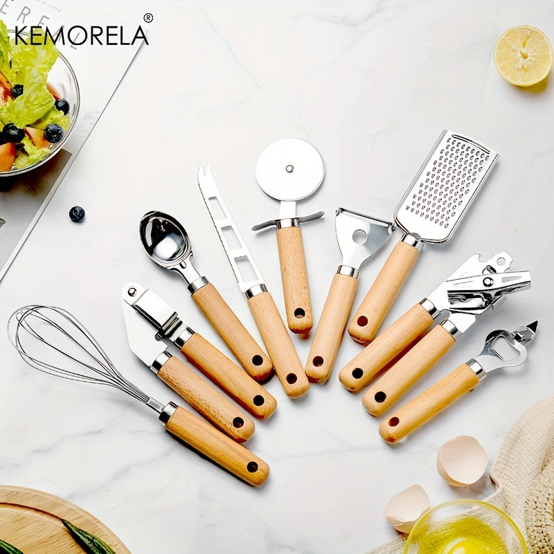 Set of 9 Kitchen Gadgets with Wooden Handles Stainless Steel Utensils