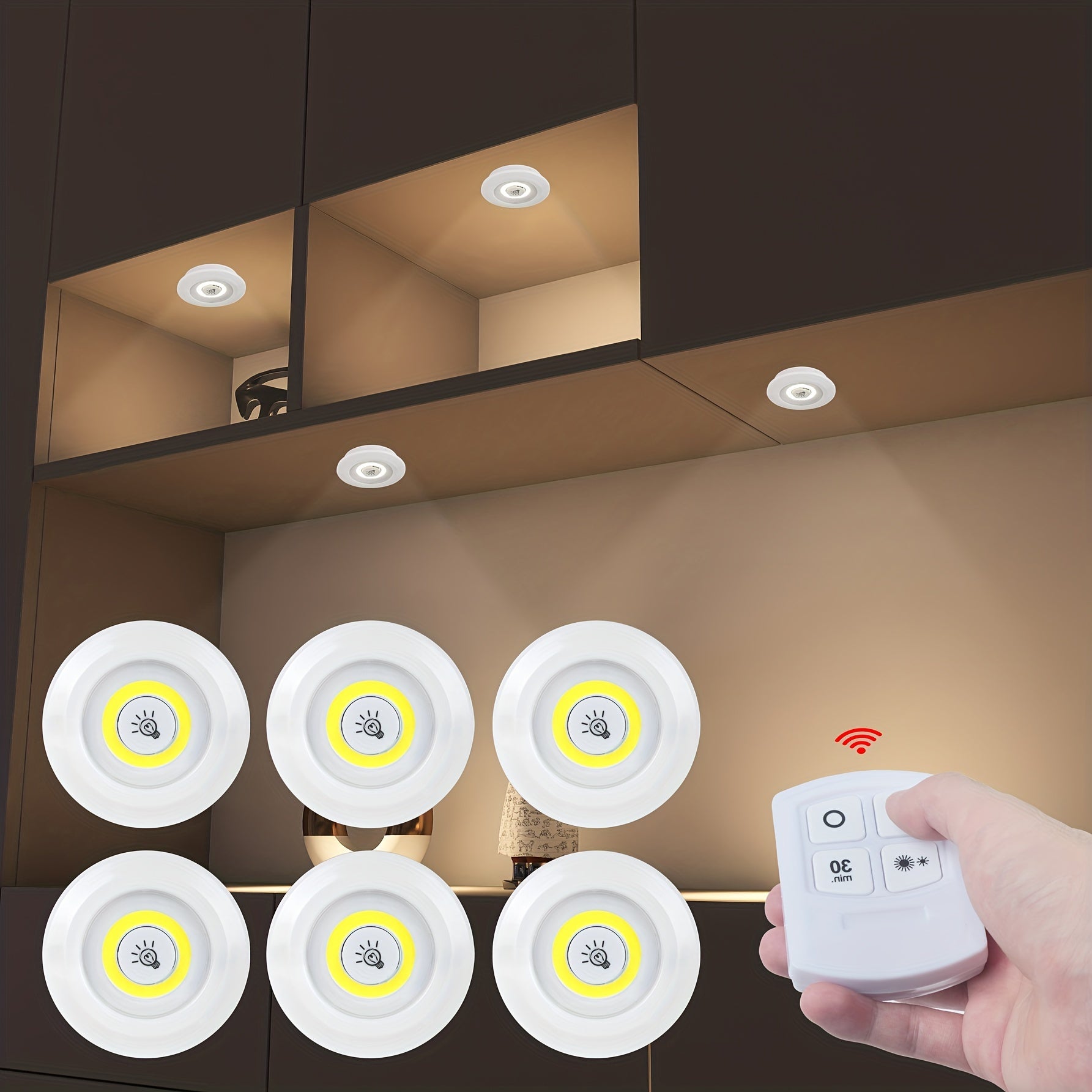 Set of 6 Wireless LED Cabinet Lights with Remote Control for Wardrobe and Kitchen White