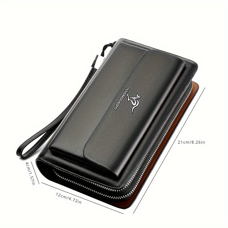 Men's Faux Leather Multi-Layer Business Handbag with Flap Phone Clutch and Card Slots