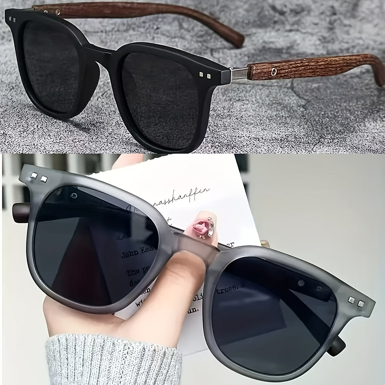 Unisex Vintage Square Glasses with Wood Grain Temples for Beach Travel