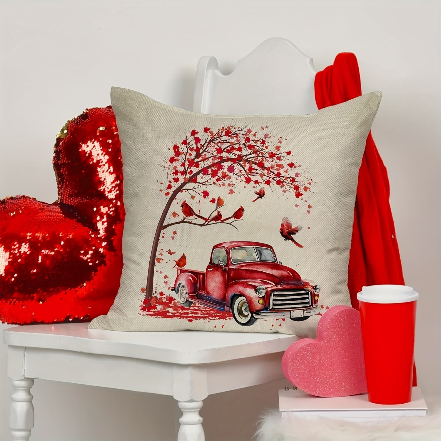 Red Rustic Truck Linen Pillowcase Farmhouse Decor Single-Sided Zipper Washable