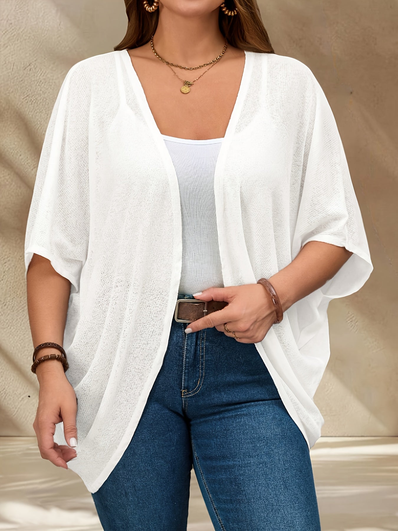 Cárdigan de mujer talla grande con abertura frontal en negro, ligero para primavera y verano