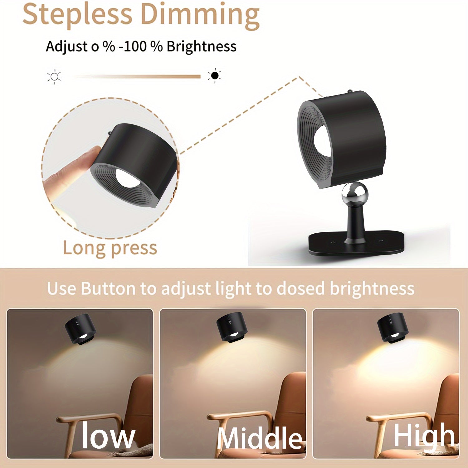 LED Wall Light with Rechargeable Battery, Adjustable Brightness and Color Temperature