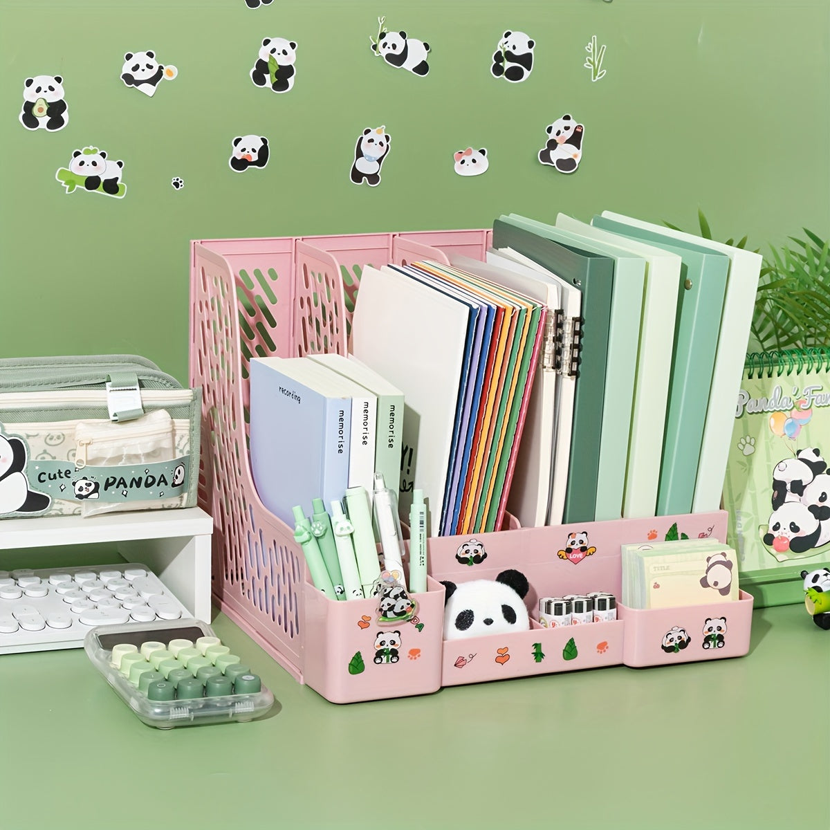 Desktop File Organizer with Panda Theme 4 Slots Detachable Tiered Shelves PP Material Office Storage