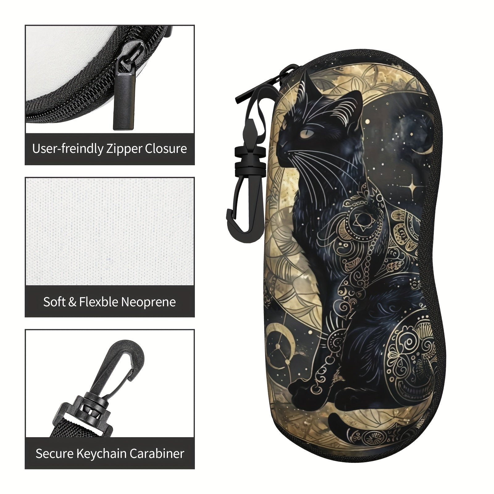 Estuche para gafas con estampado de gato negro y luna, funda de neopreno con cremallera