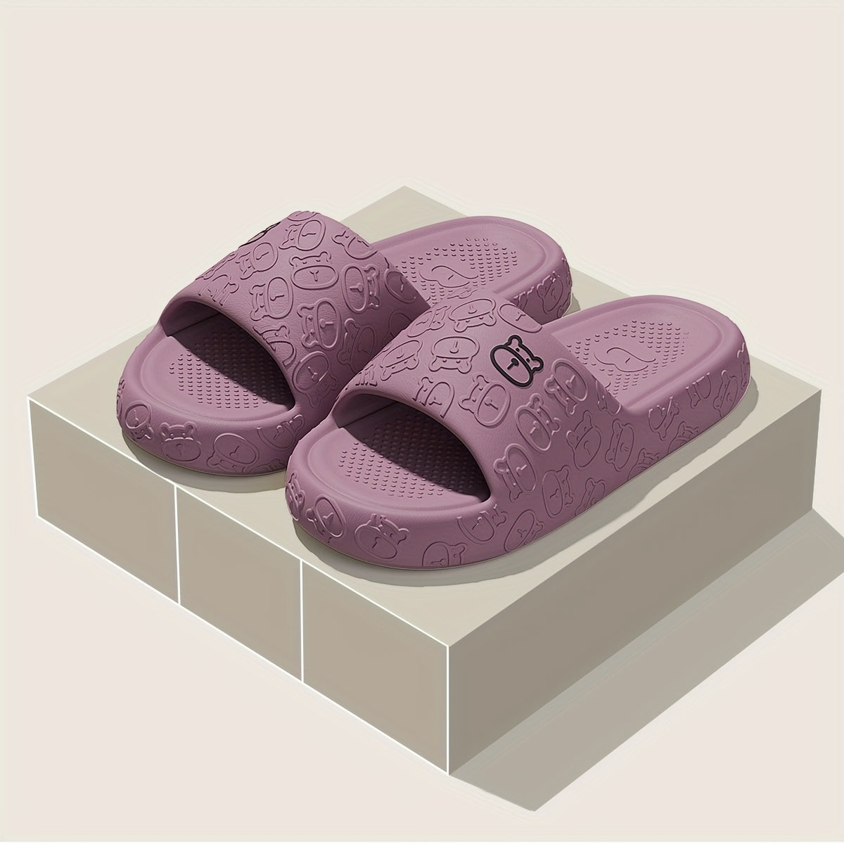 Unisex Cartoon Bear Print Slip-On Indoor Outdoor House Shoes Black Pink Size 48 49