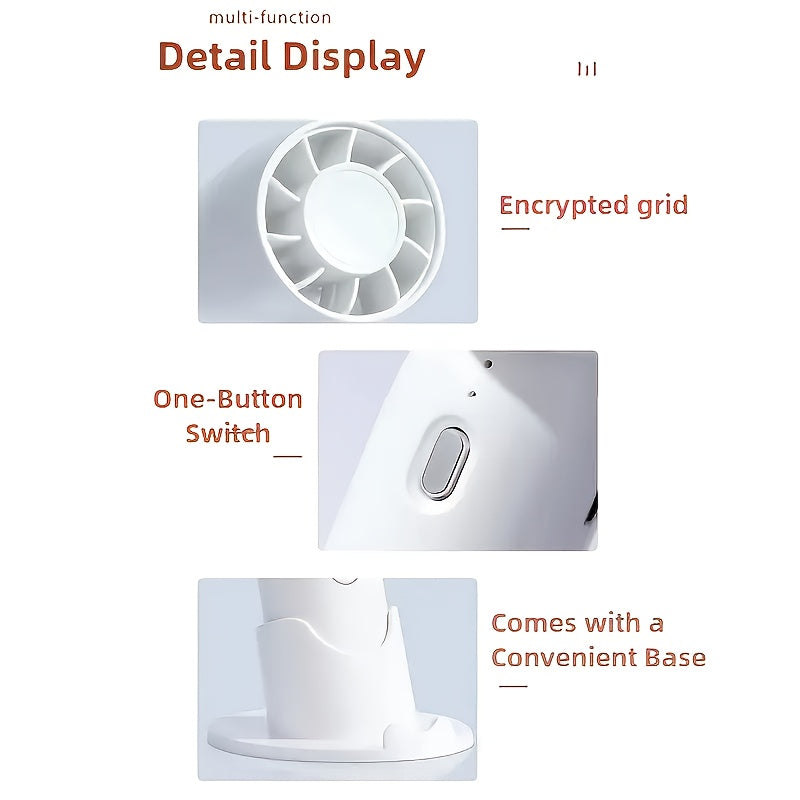 Portativ mini fan, USB bilan qayta zaryadlanadigan, 3 tezlik sozlamasi va asos standi bilan. Uy, ofis va ochiq sayohatlar uchun mos. Uchta rangda mavjud.