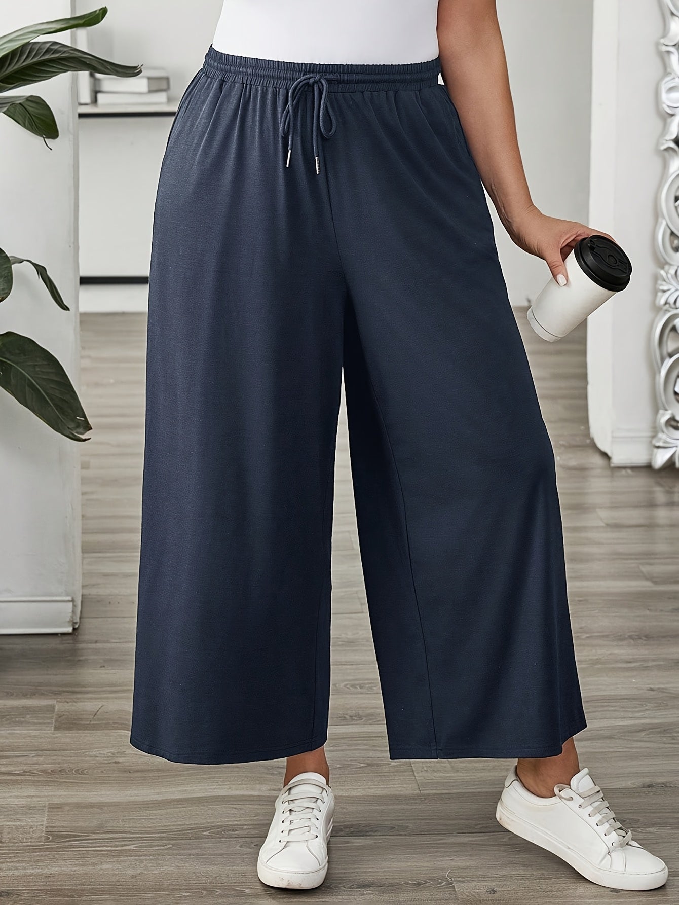 Plus Size Women's Solid Color Elastic Waist Wide Leg Pants Casual Summer