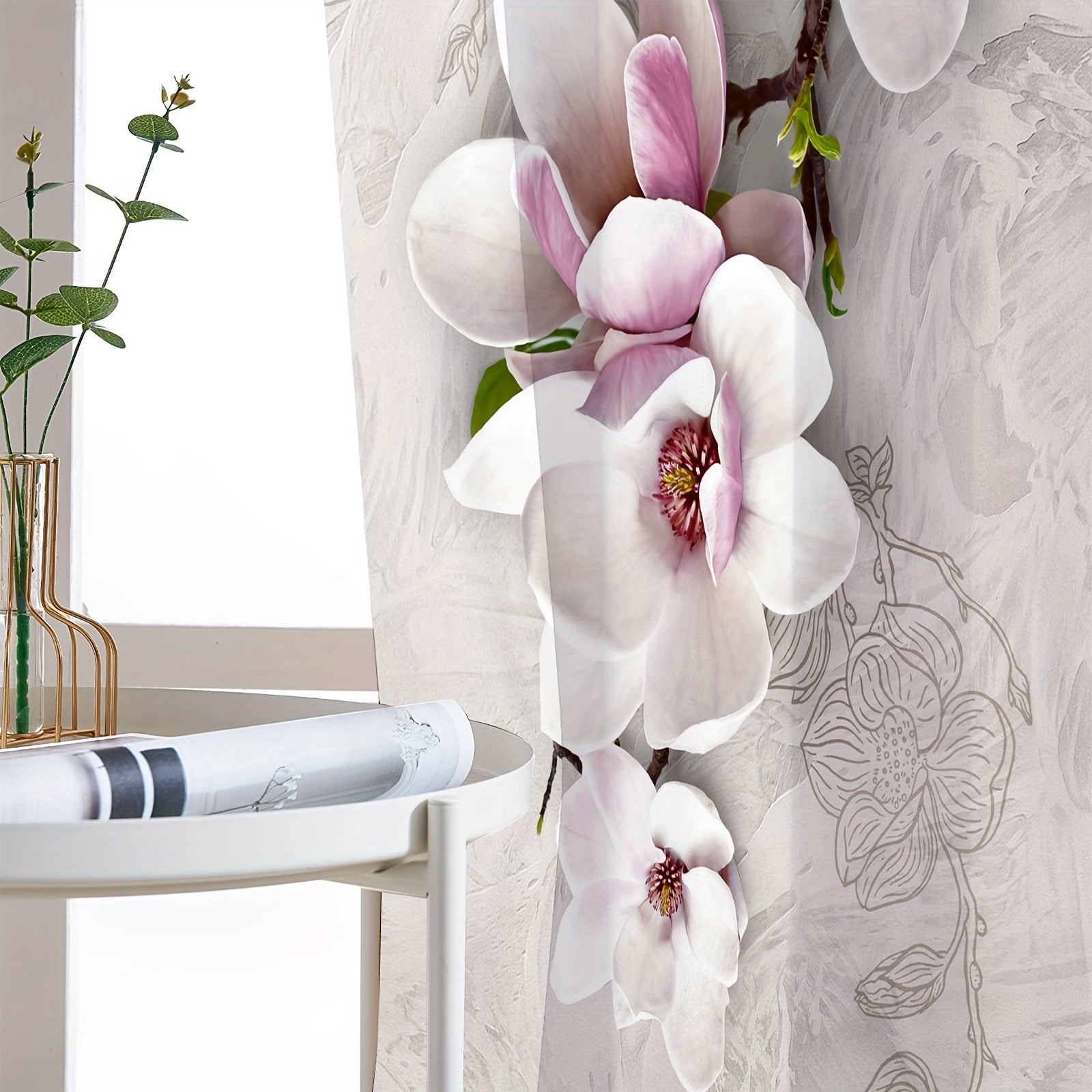 Set of 2 Magnolia Patterned Semi-Blackout Curtains with Rod Pocket for Bedroom Living Room Kitchen