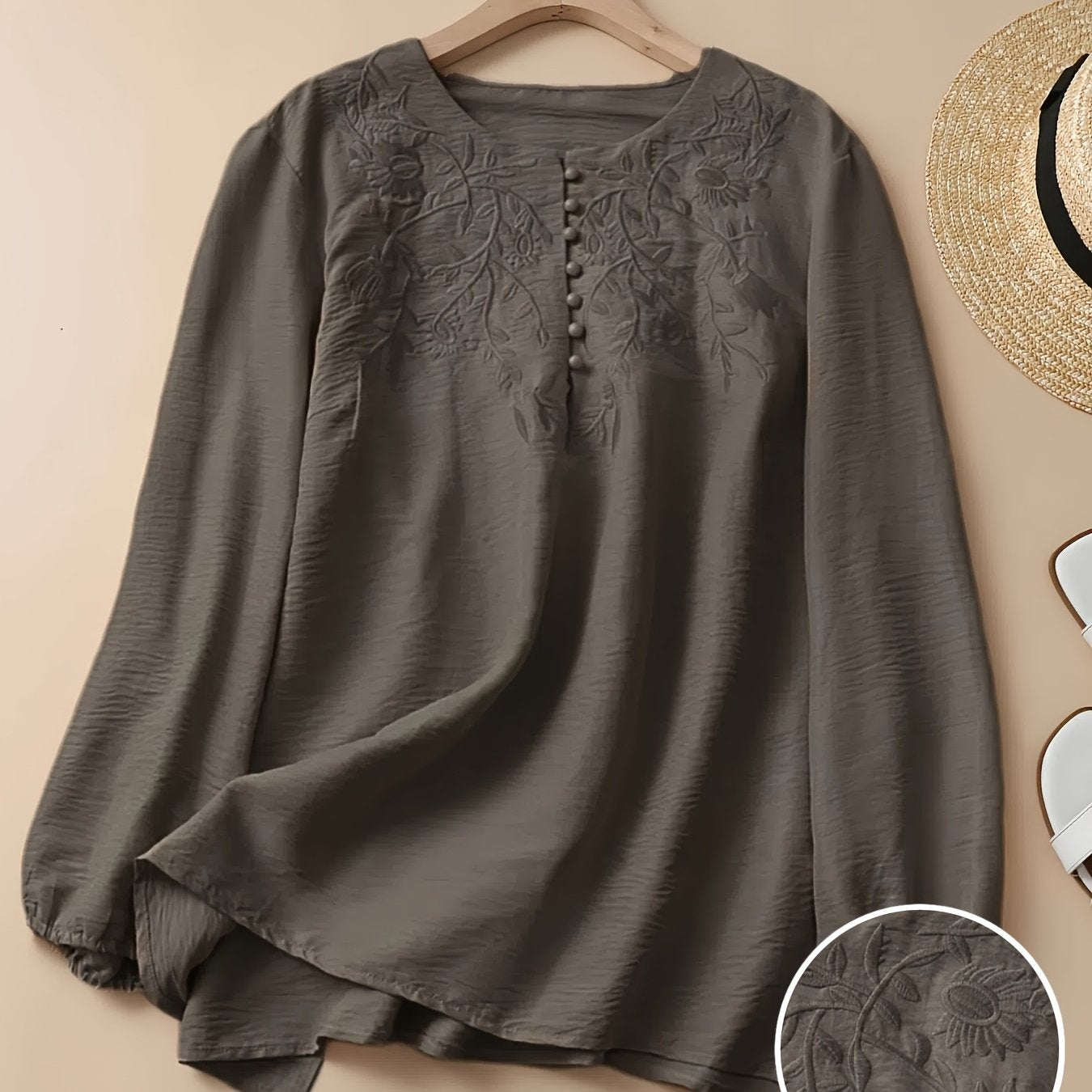 Floral Embroidered Long Sleeve Shirt for Women Made of Polyester and Spandex