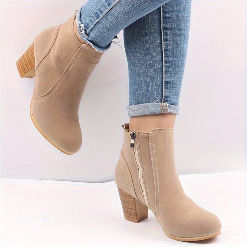 Women's Beige Fabric Ankle Boots With Side Zipper Block Heel Platform