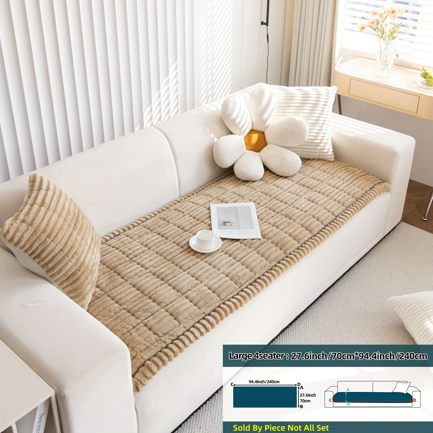 Boho Style Quilted Short Plush Sofa Cover with Ruffle Design Non-Slip Pet Friendly Machine Washable