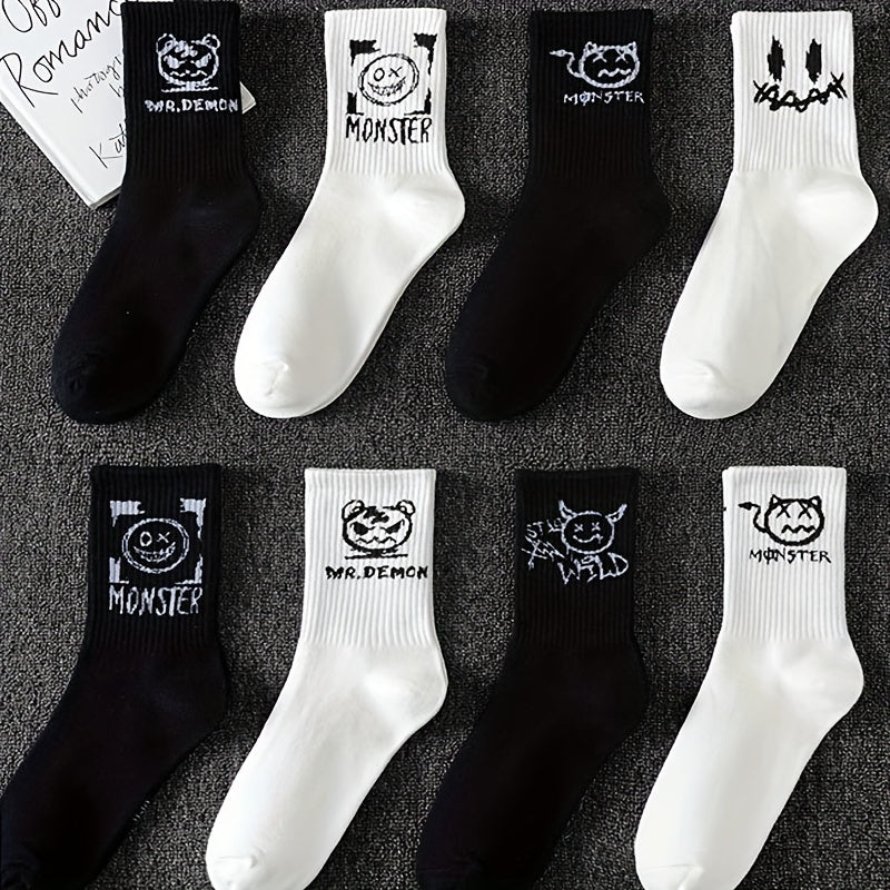 Men's Black and White Graffiti Pattern Crew Socks 5 Pairs Breathable Comfortable All Seasons
