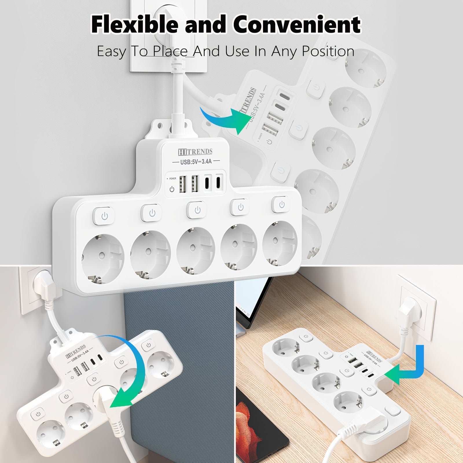 9-in-1 Power Strip with USB C and A EU Sockets Wall Mountable Safe Surge Protector