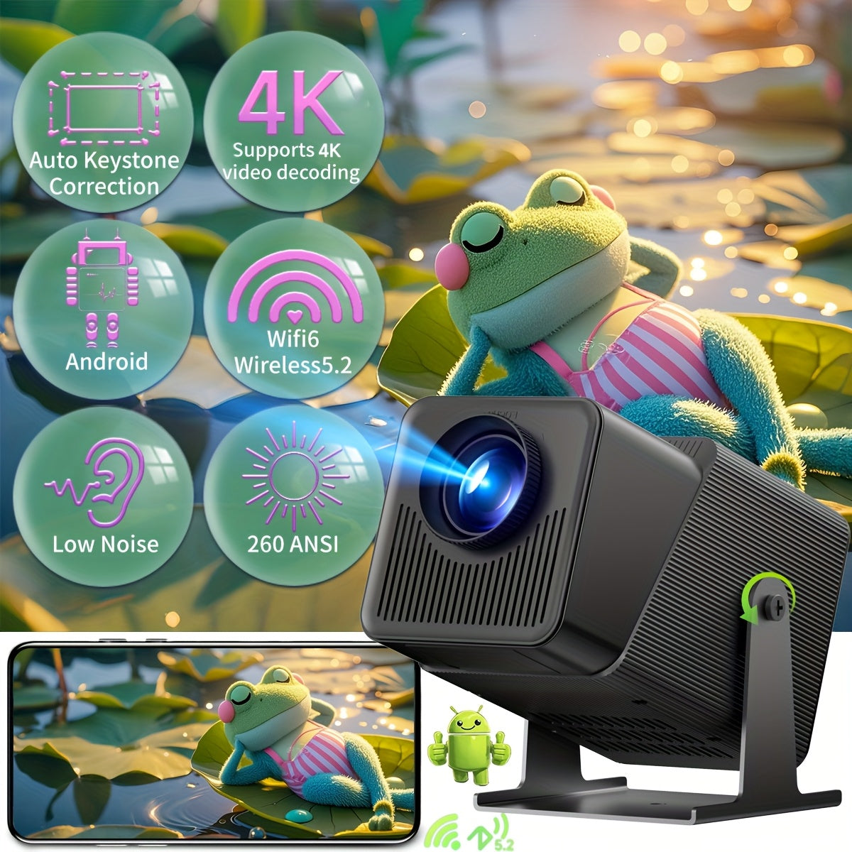 Mini Projector 4K Support 260 ANSI Brightness 5G WiFi 180° Swivel