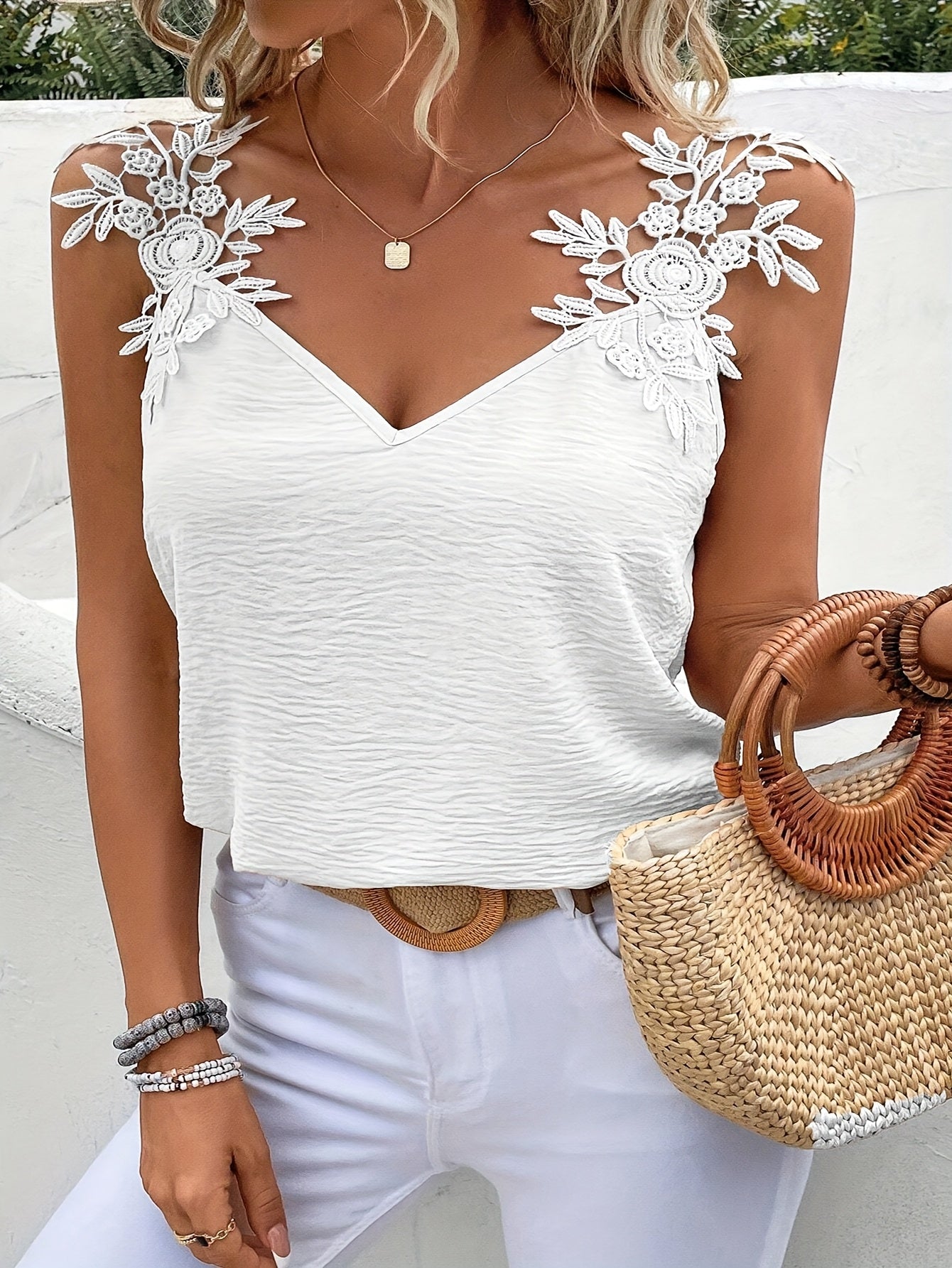 Plus Size Black V-Neck Tank Top with Floral Lace Shoulder Straps