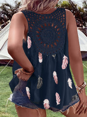 Топ без рукавов с V-образным вырезом, темно-синий с цветочным принтом большого размера, с кружевными вырезами для повседневной летней носки