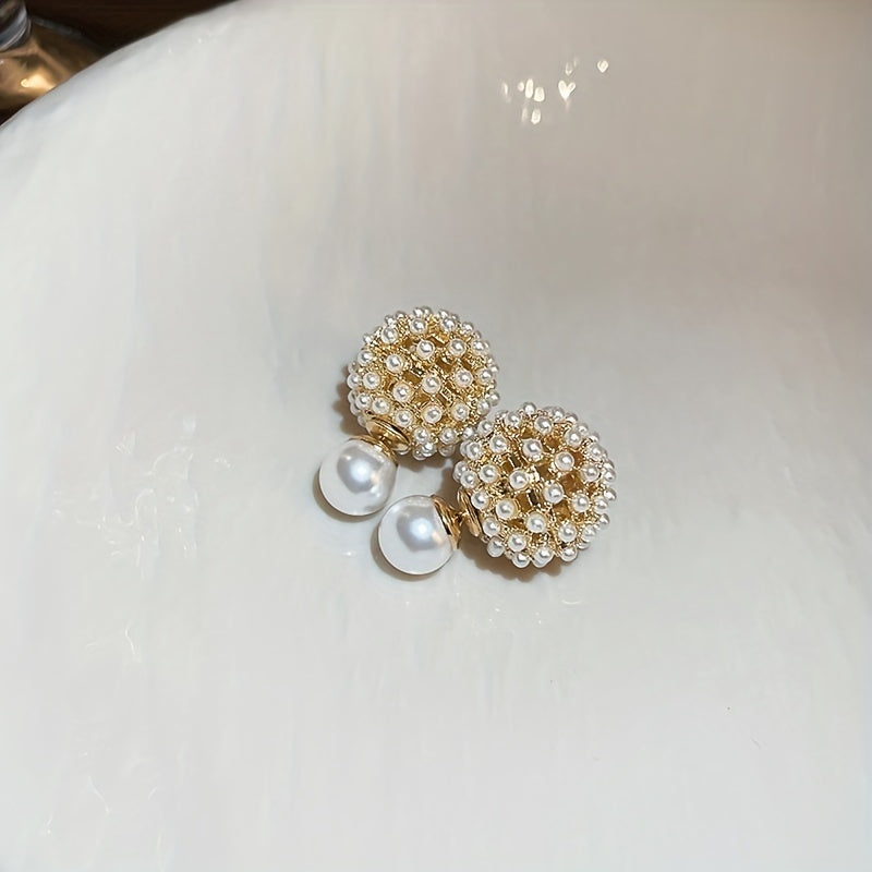 Stud Earrings with Faux Pearl and Rice Bead Design in Japanese Style Made of Copper and Gold Plating
