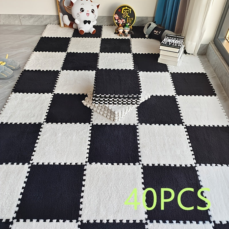 Juego de 40 baldosas de moqueta entrelazadas para uso en interior de dormitorio, diseño de cuadros de pelo bajo