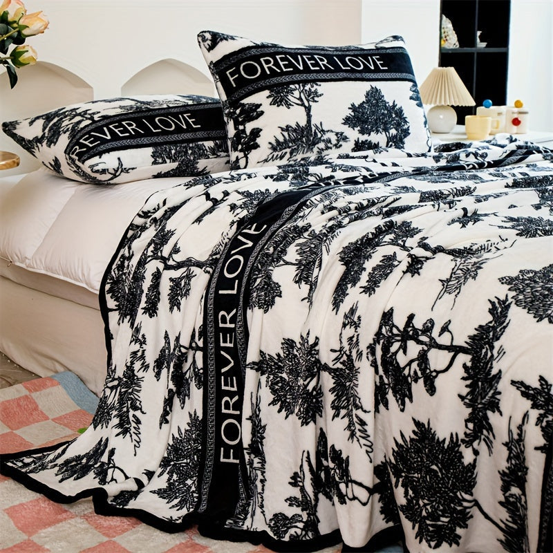 Black and White Floral Flannel Throw Blanket with Lace Embellishments All-Season Hypoallergenic Machine Washable