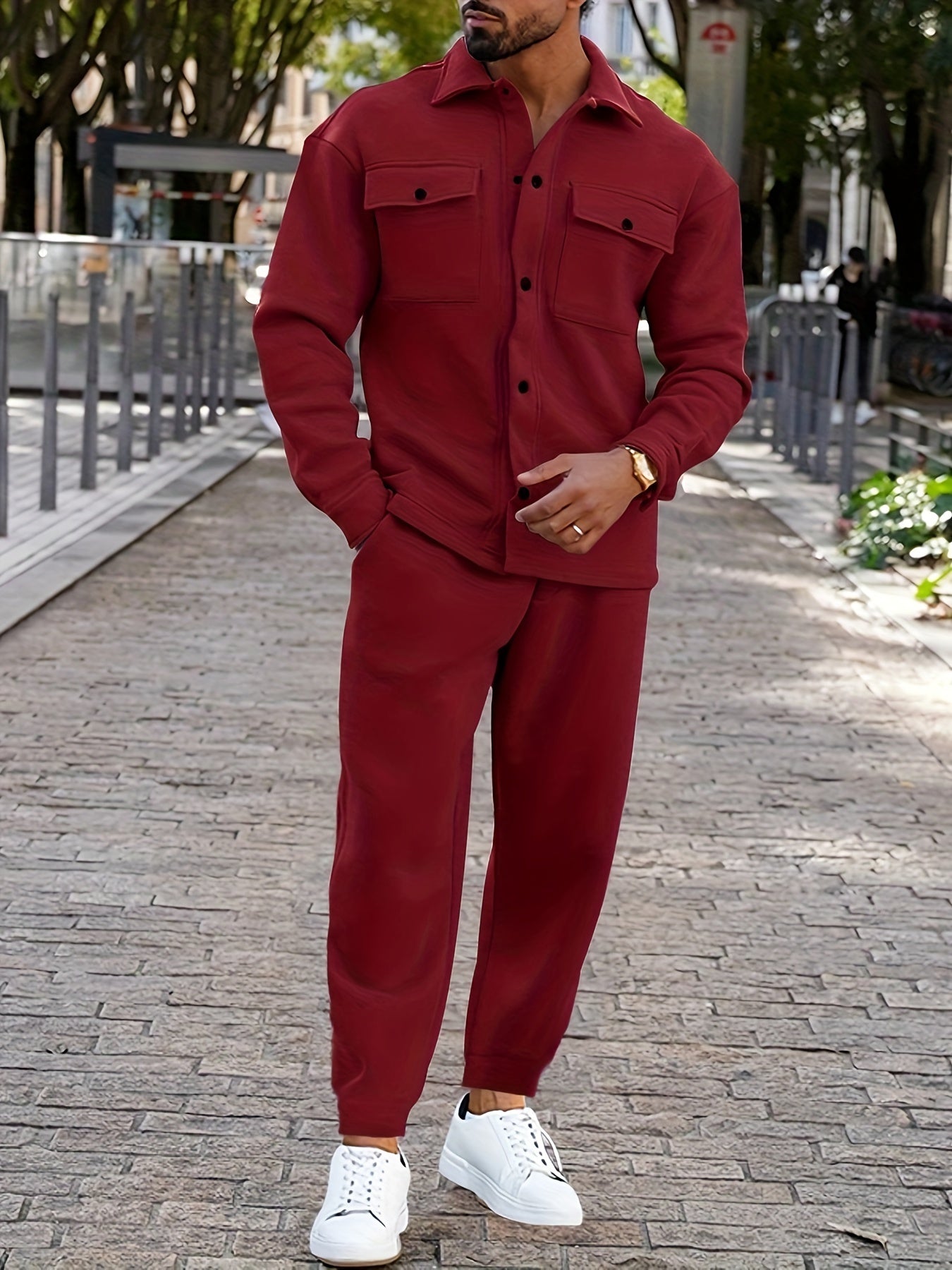 Fleece Hoodie and Pants Set for Men Casual Fall Winter Polyester Solid