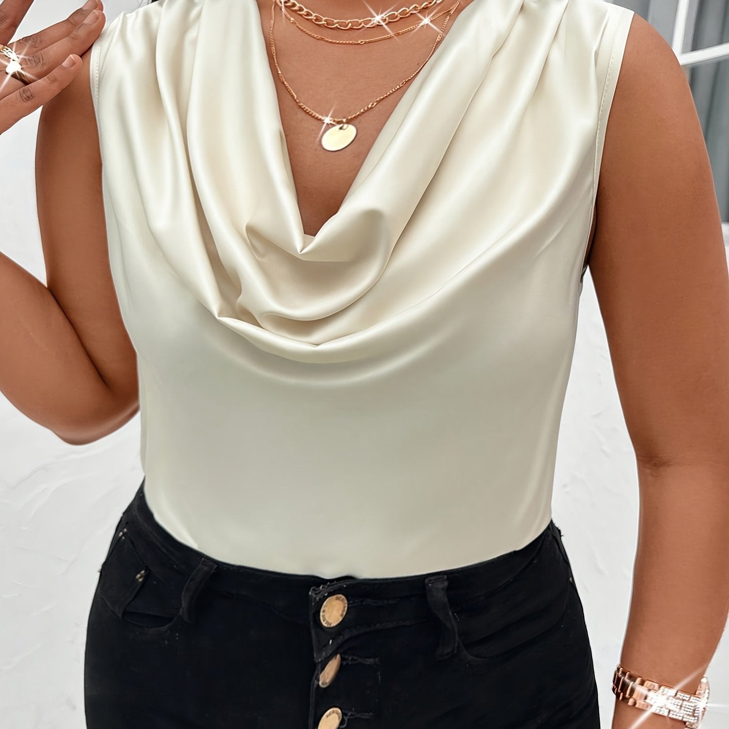 Plus Size Ruched Solid Tank Top Sleeveless Cowl Neck Summer Women's Clothing