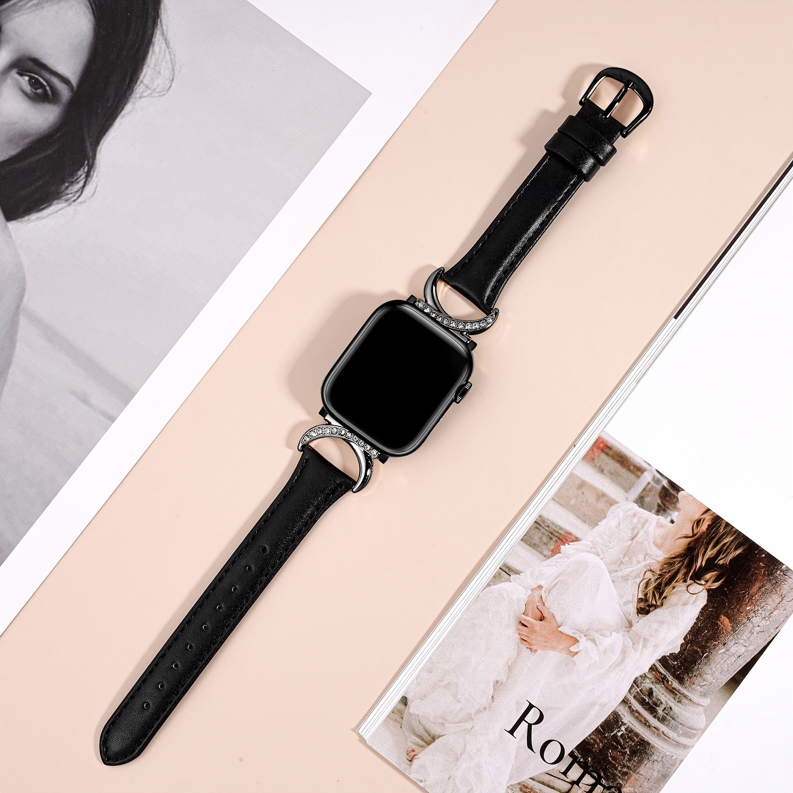Delicate Leather Watch Strap with C-Shaped Golden Buckle for Apple Watch Series 1-10