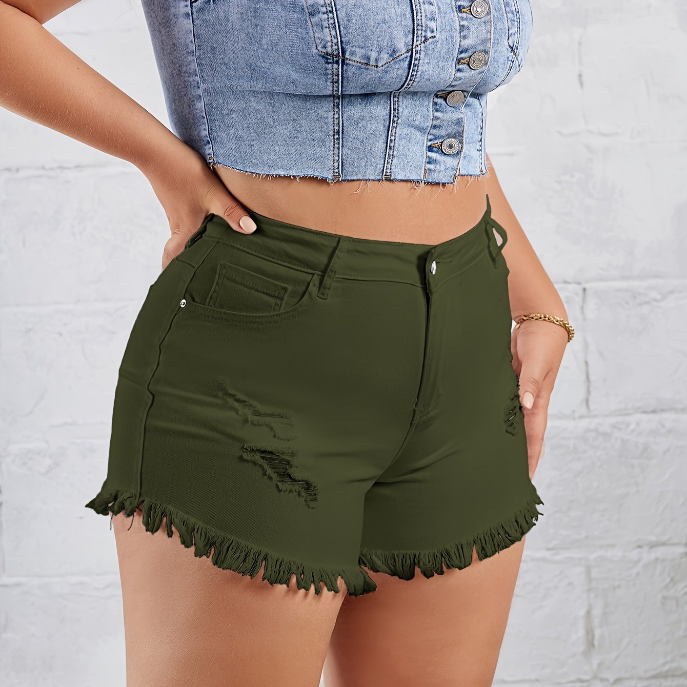 Women Denim Shorts Distressed High-Waist Stretchy Raw Hem Spring Summer