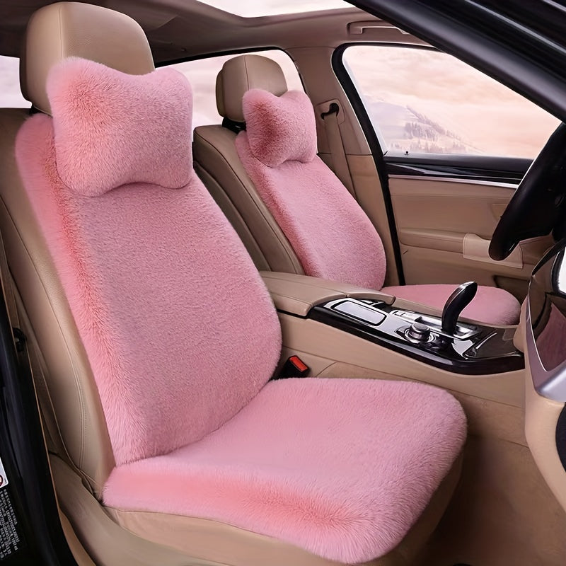 3-Piece Plush Pink Car Seat Cover Set for Front Row Winter Comfort