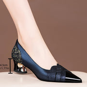 Women's Pointed Toe Block Heel Pumps Deep Blue Black Synthetic Office Formal Shoes