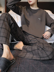 Men's Plaid Pajama Set Polyester Knit Long Sleeve Crew Neck Sleepwear Loungewear