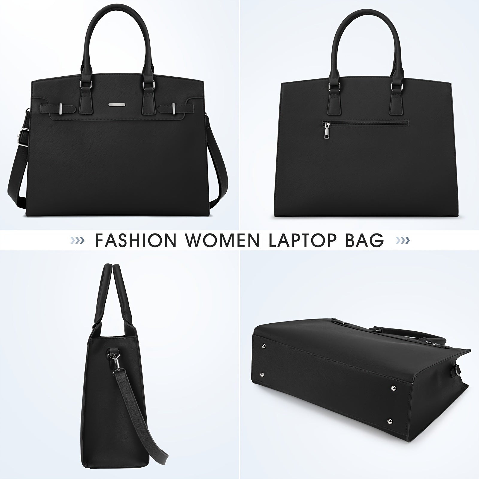 Women's Waterproof Faux Leather Laptop Briefcase with Adjustable Strap Black
