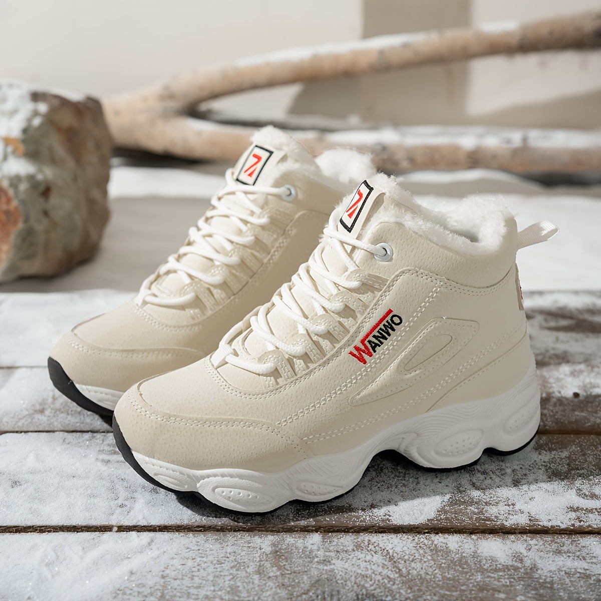 Women's Fleece-Lined Chunky Mid-Heel Ankle Boots White Red Accents