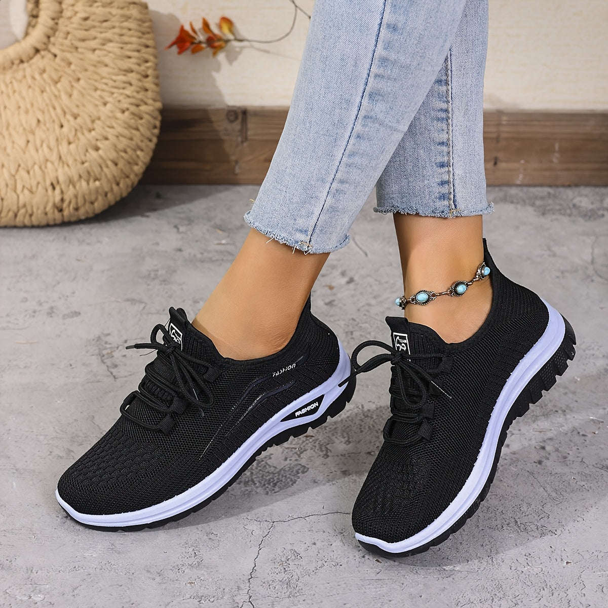 Women's Knitted Running Shoes with Lace-Up, Double-Layer Sole for Walking
