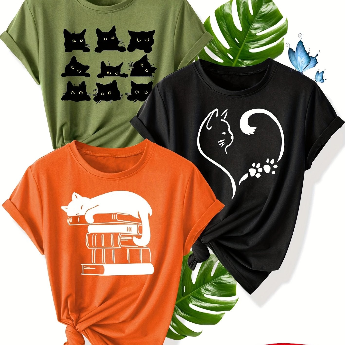 Camisetas de mujer con estampado de gato, poliéster, manga corta, cuello redondo, pack de 3