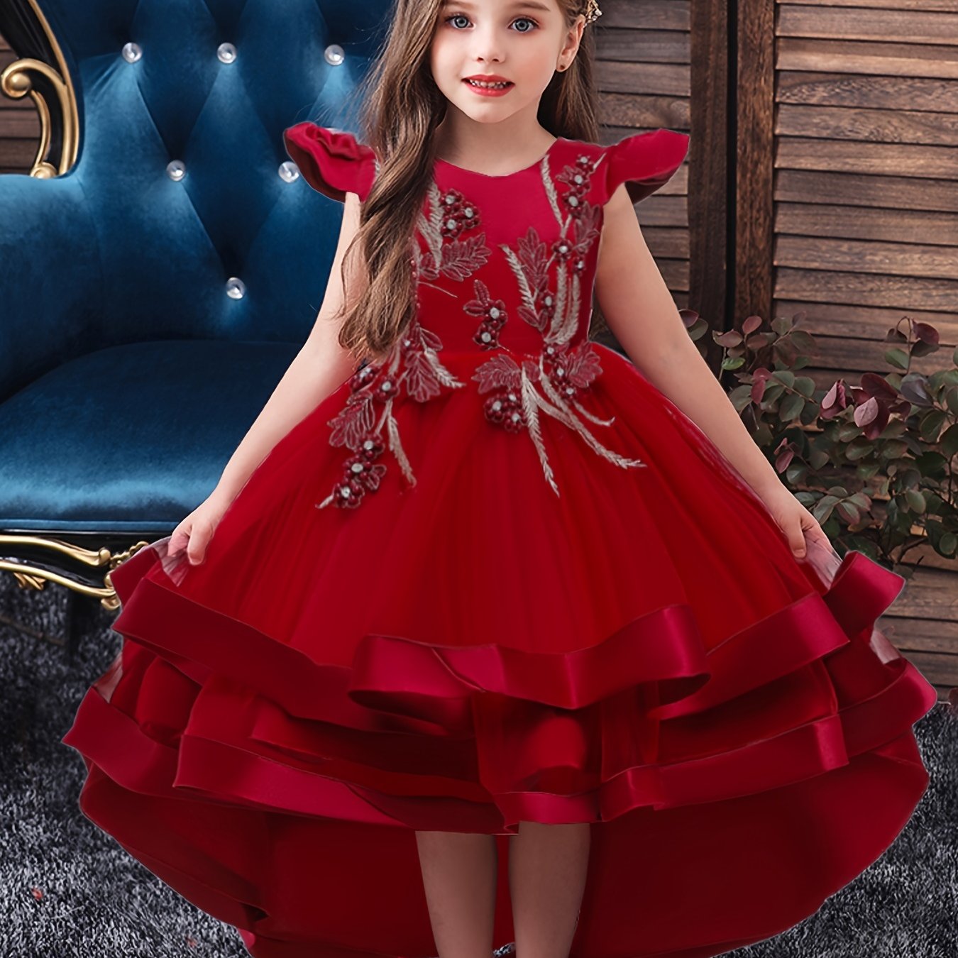 Girls Mesh Flower Embroidered Princess Dress with Fly Sleeve for Party