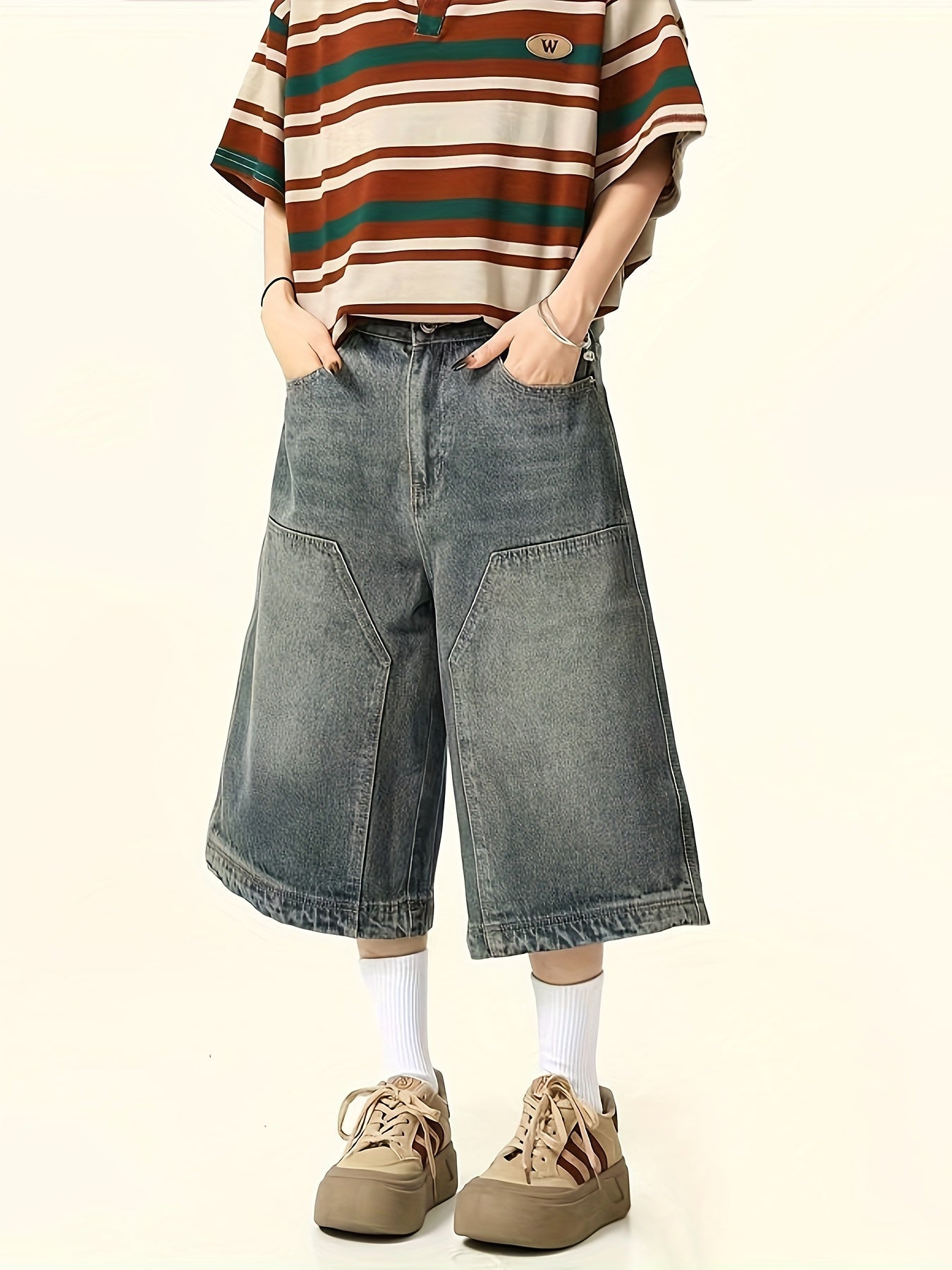 Vintage-Style Knee-Length Denim Shorts with Mesh Detail and Loose Fit