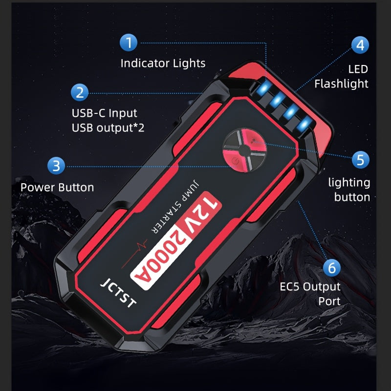 Portable Car Jump Starter 2000A Peak Lithium Battery with Safety Clamps