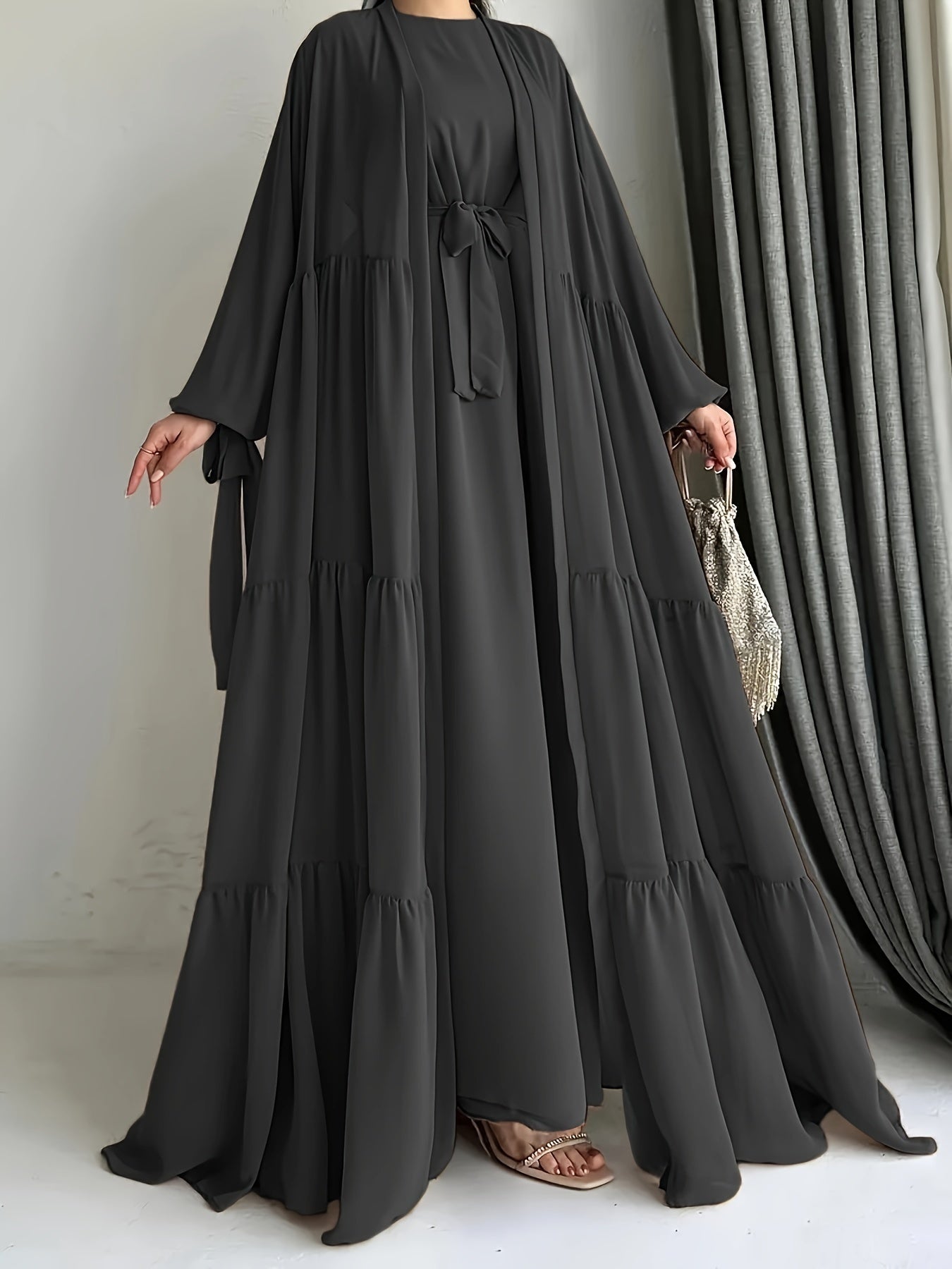 Chiffon Abaya with Lantern Sleeves Belt Ruffle Asymmetrical Hem for All Seasons