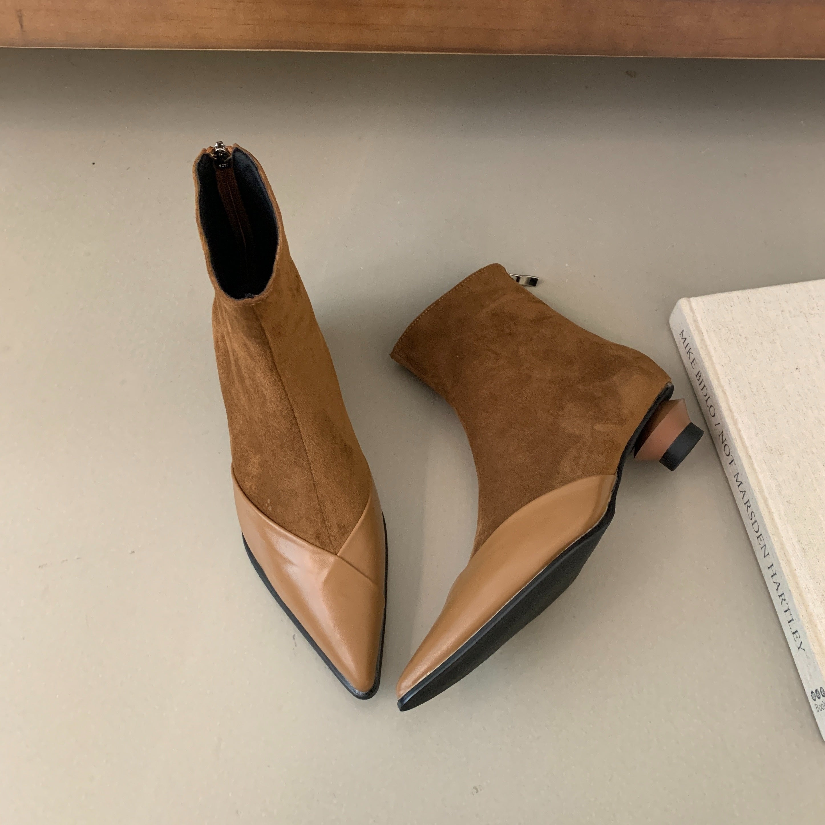 Women's Ankle Booties Flannel Patchwork Pointed Toe Low Heel Winter