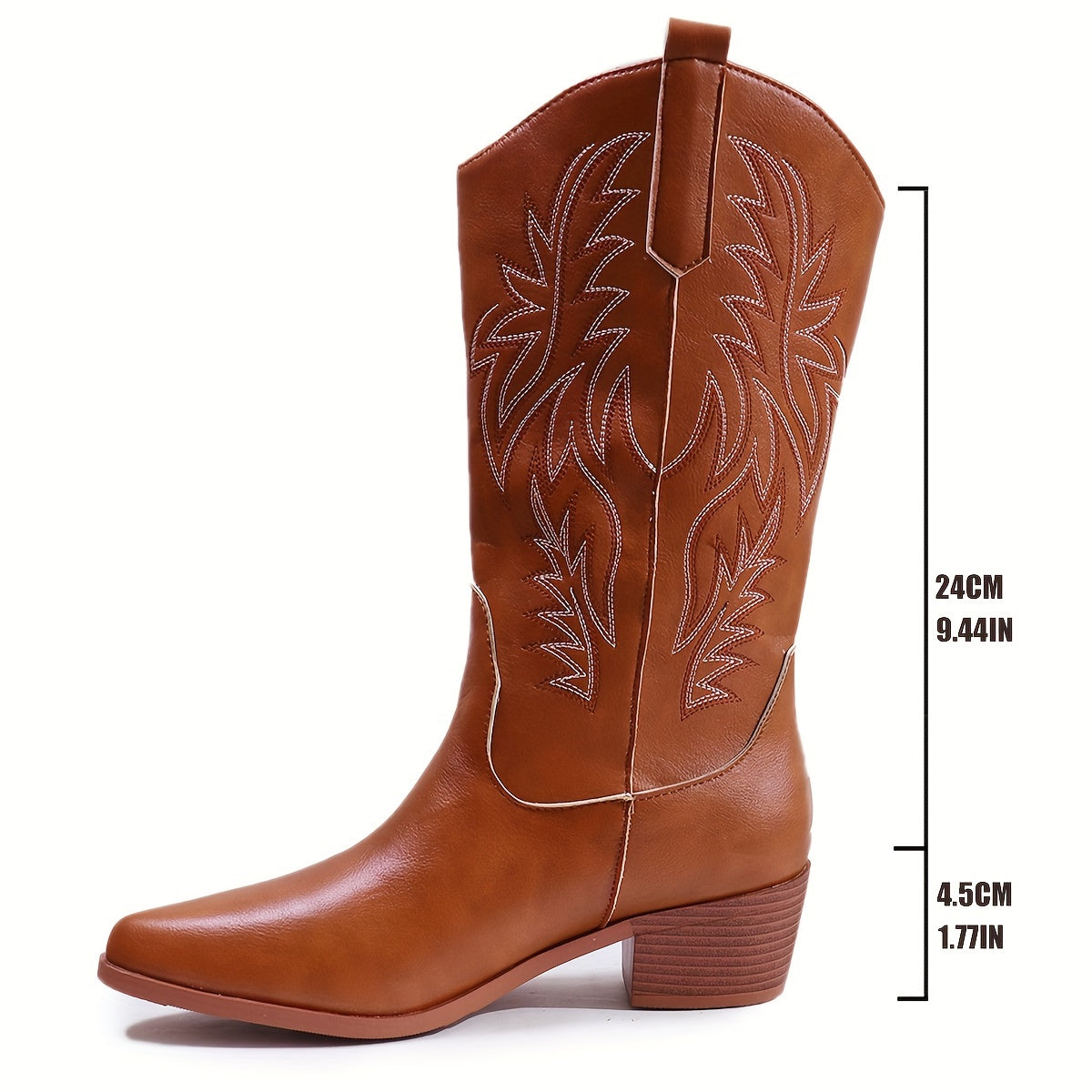 Women's Faux Leather Western Mid-Calf Boots with Baroque Embroidery