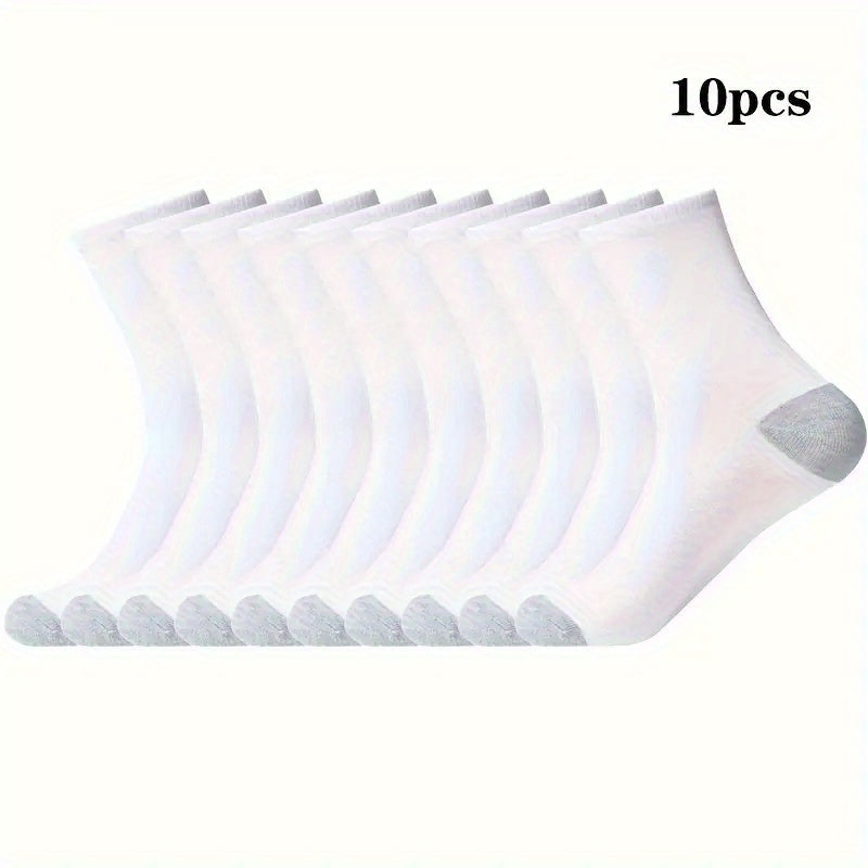 Men's Mid-Calf Athletic Socks Black 10 Pairs Breathable Polyester Ribbed Cuff
